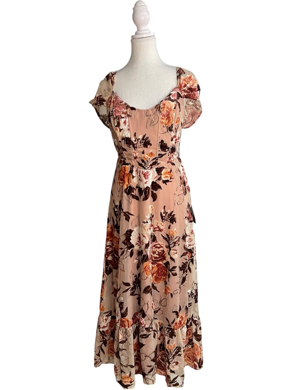 Lulus Composed Beauty Puff Sleeve Burnout Velvet Midi Dress Blush Pink Floral